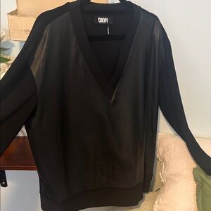 DKNY Black Faux-Leather V-Neck Top